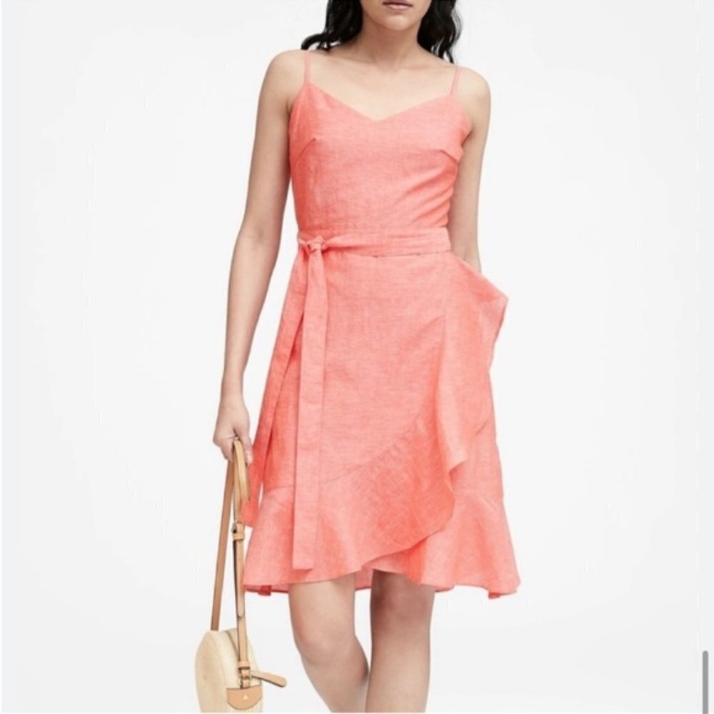 Banana Republic Linen Cotton Blend Faux Wrap Dress Coral Size 8P - Picture 1 of 6
